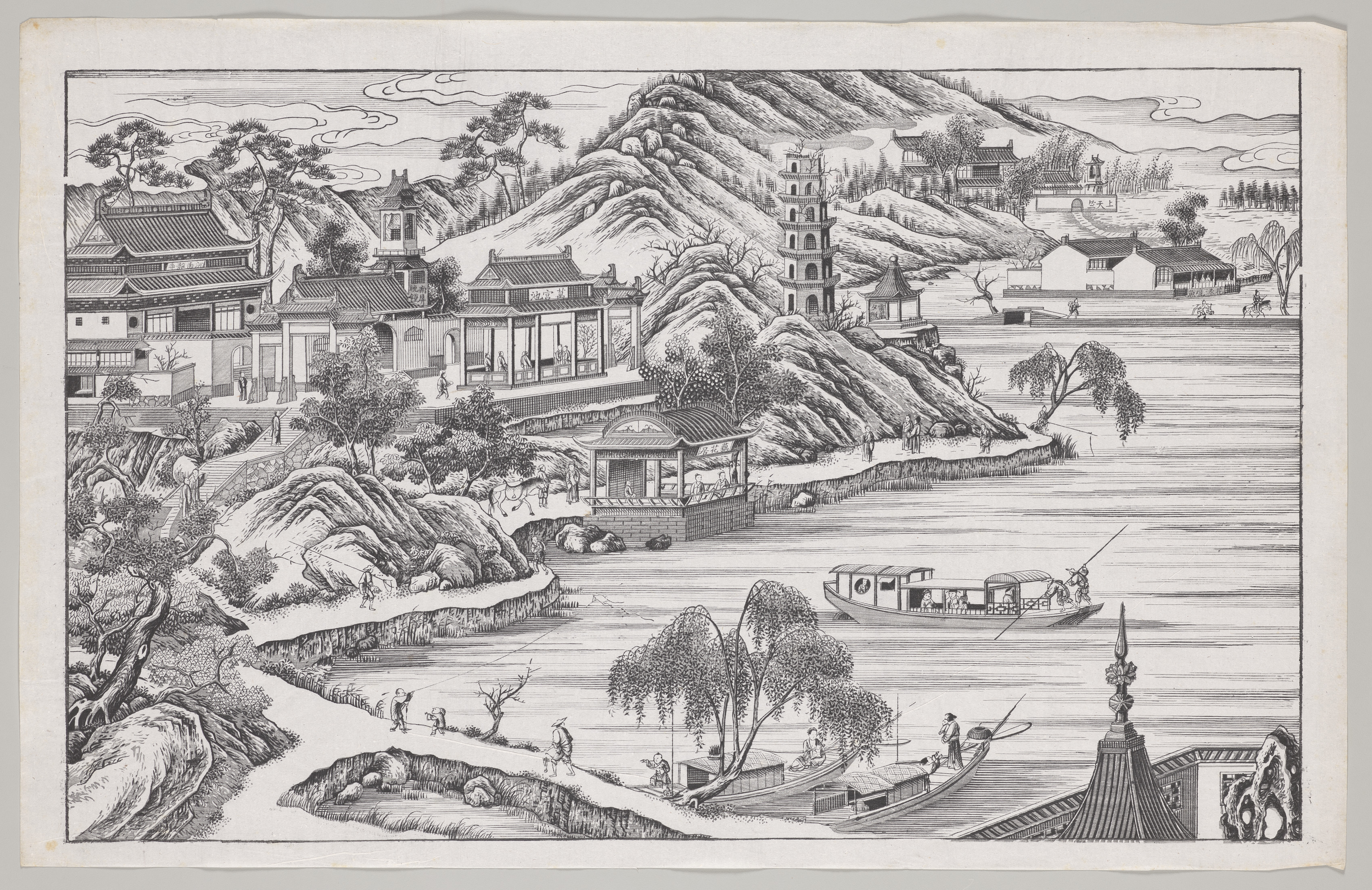 Bright landscape desktop wallpaper from a print: Westlake Panorama, Southeast China, mid-1700s — Cleveland Museum of Art