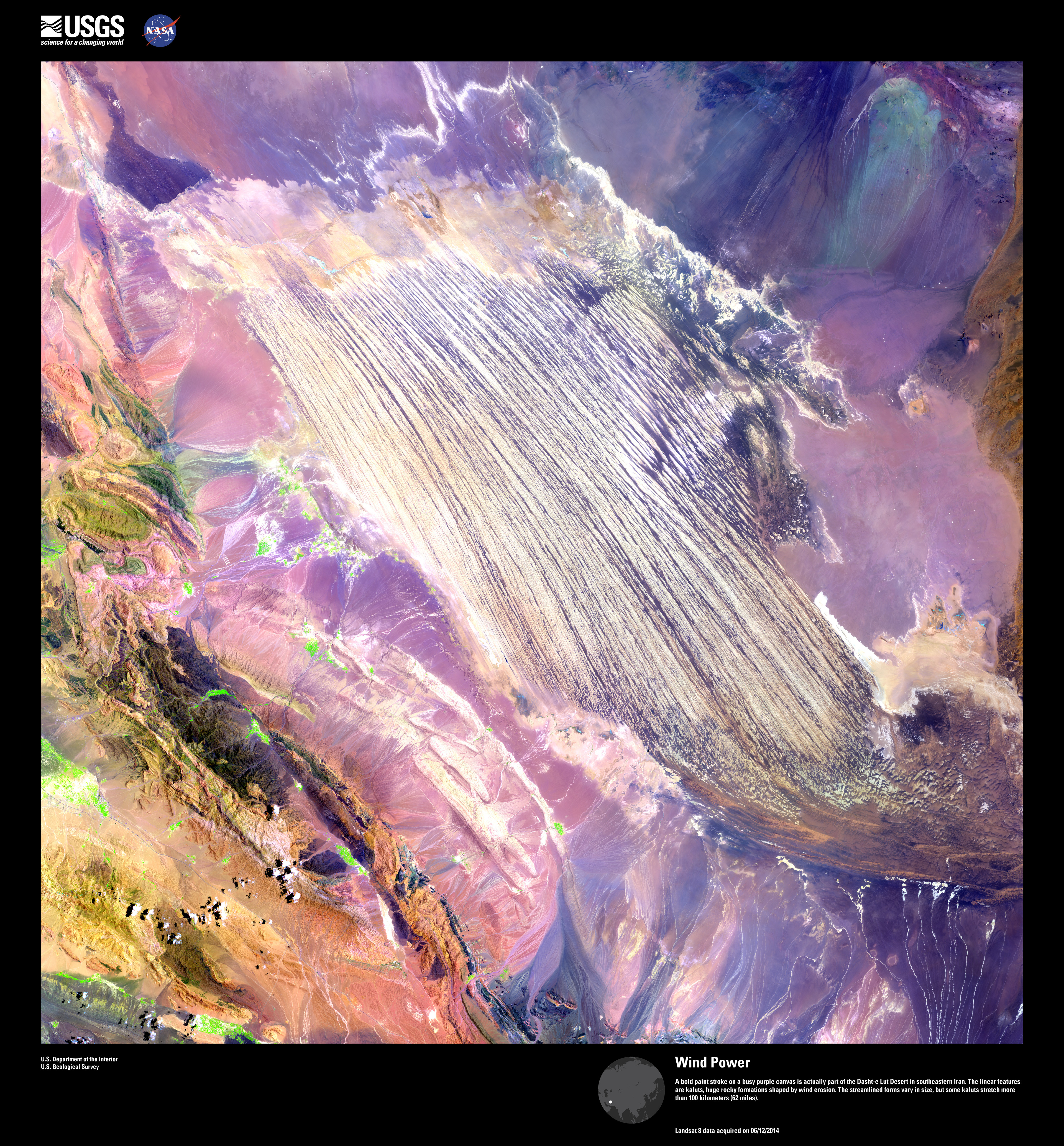 Satellite desktop wallpaper: Wind Power, a false-colour Landsat image — USGS Earth as Art
