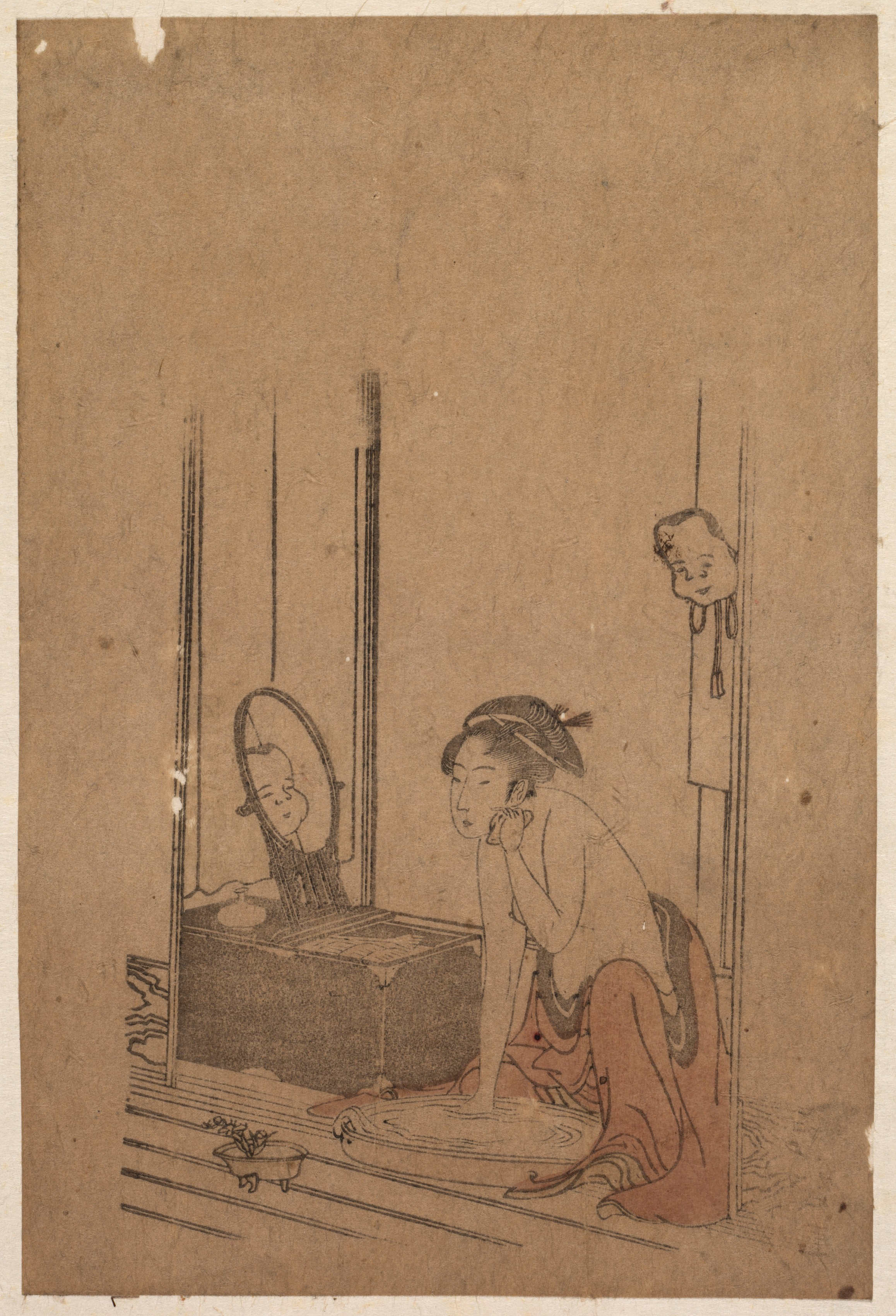 Japanese print phone wallpaper from a print: Woman Bathing, Japan — Cleveland Museum of Art